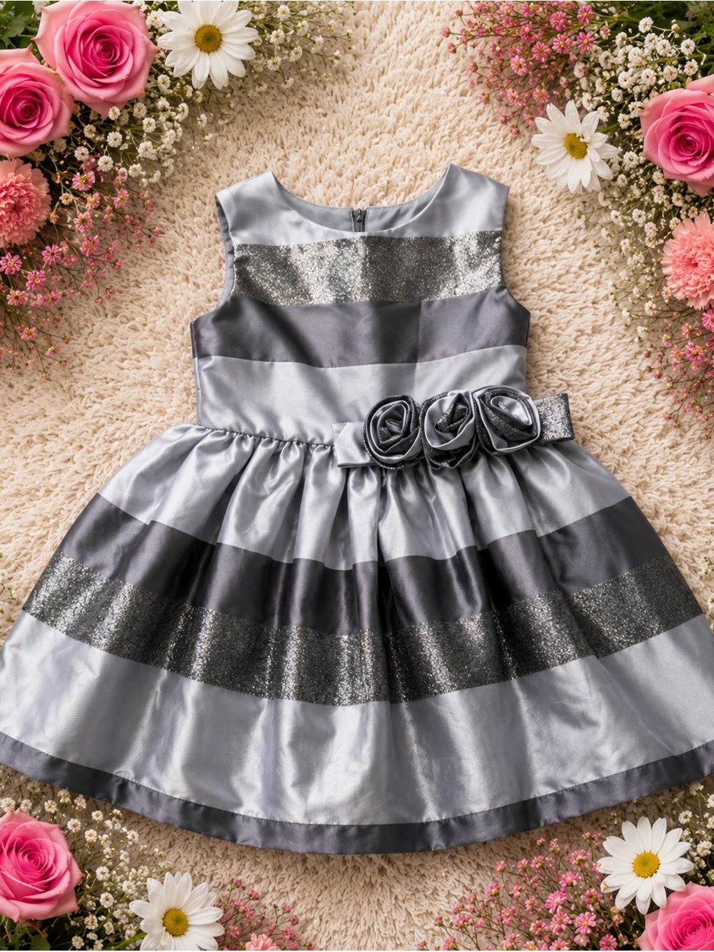 Sorbet Silver and Gray Striped Rosette Party Dress